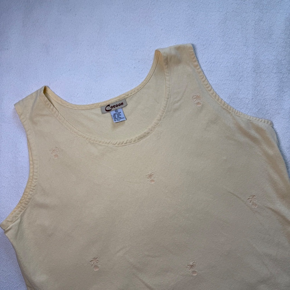 Cocoon Women XXL Yellow Silk Palm Tree Embroidered Scoop Neck Tank Top Vintage